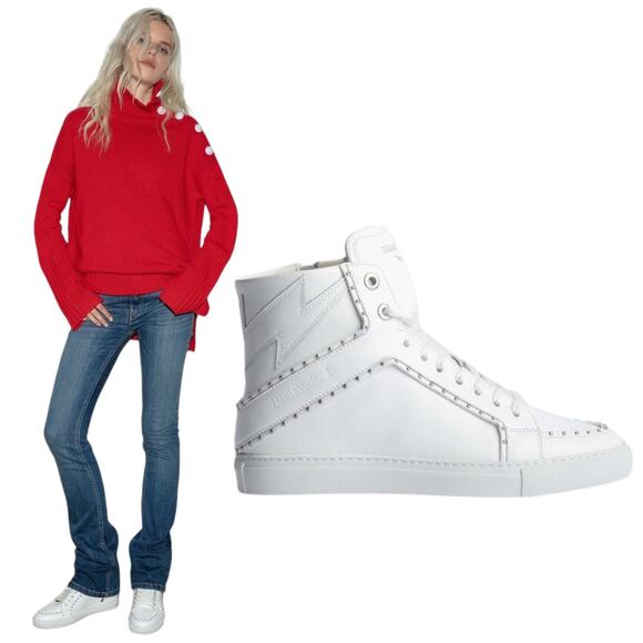 Zadig & Voltaire High Flash Studded Leather High Top Sneaker White Size 40 - Picture 1 of 13